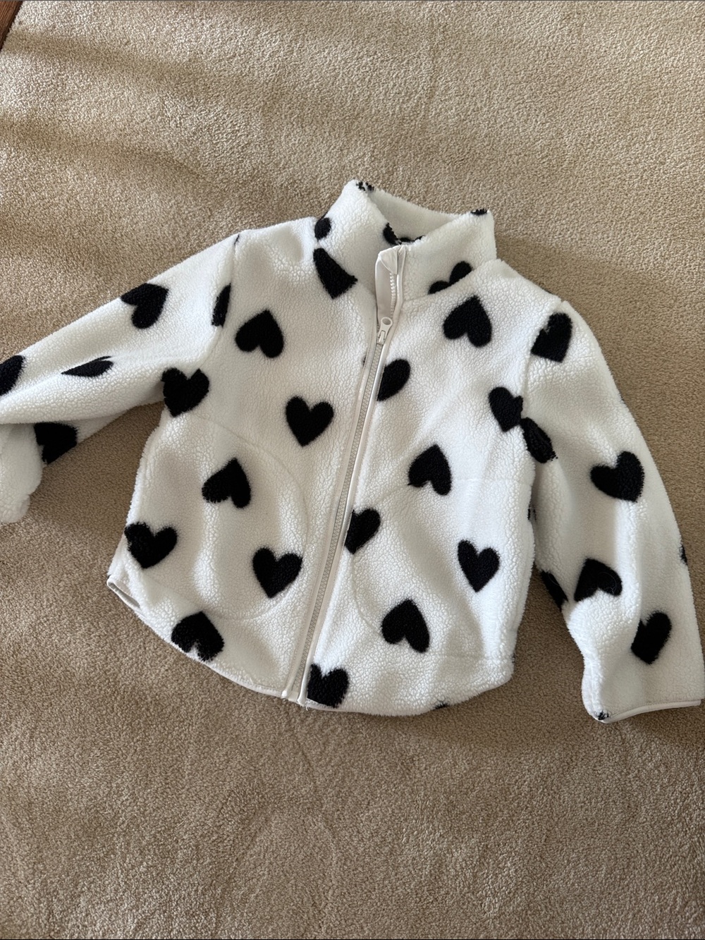 H&M White Sherpa Jacket with Black Heart Print
